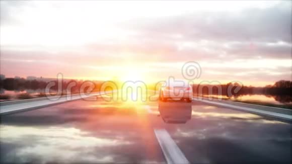 豪华白车上高速公路公路开得很快精彩的日落旅行和动机概念现实4k视频的预览图