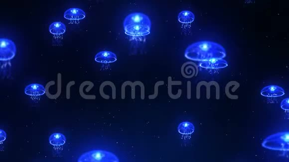 水母在水下用彩色光照射灯光下的荧光颜色CG循环动画视频的预览图