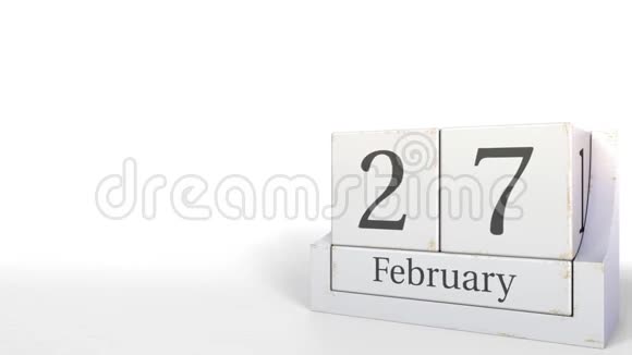 木立方体日历显示2月27日3D动画视频的预览图