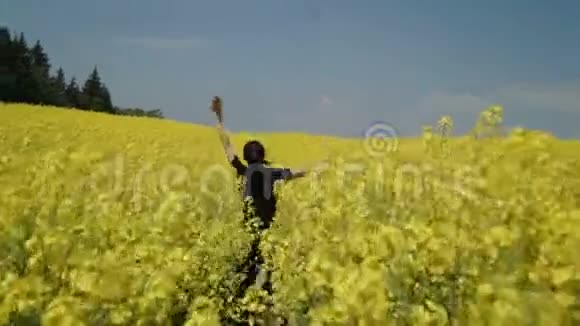 穿着黑色工作服的年轻女子穿着黄色田野的鲜花视频的预览图