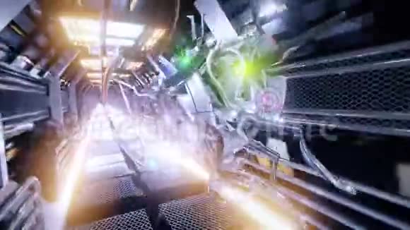 巡逻无人机飞过飞船的隧道科幻未来空间走廊VJ的背景和标题视频的预览图