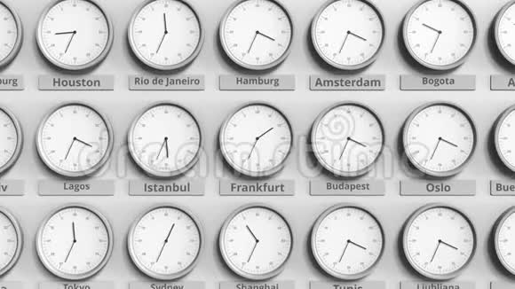 时钟显示德国法兰克福不同时区的时间三维动画视频的预览图