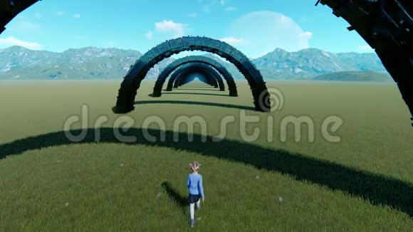 小女孩进入山谷动画中心的黑色隧道视频的预览图