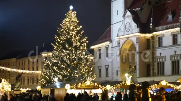 圣诞树发光闪耀美丽装饰着金色的装饰品和烧瓶历史建筑城市视频的预览图