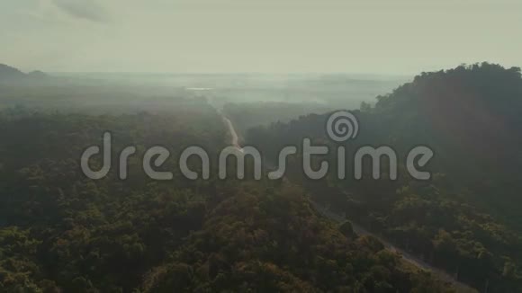 泰国热带Cheolanlong国家公园丛林日落无人机飞行野山自然树和棕榈视频的预览图