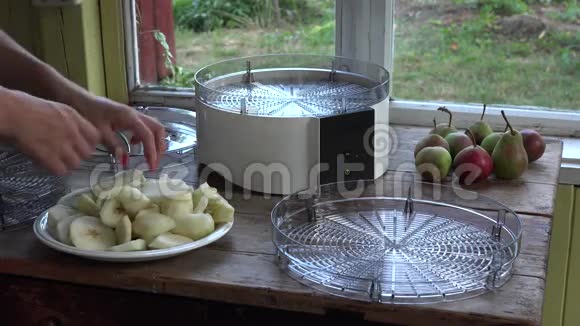 女人的手把切好的梨片放进水果烘干机的盘子里特写镜头4K视频的预览图
