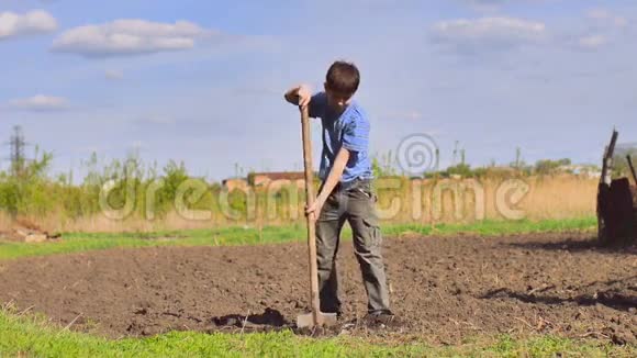 农夫疲倦的男孩在干地上挖地旧脏铲慢动作视频视频的预览图