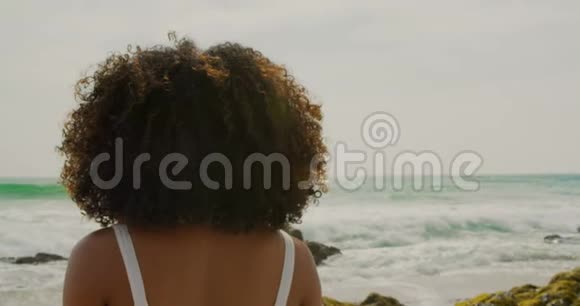 站在海滩上的非裔美国妇女的后视图视频的预览图