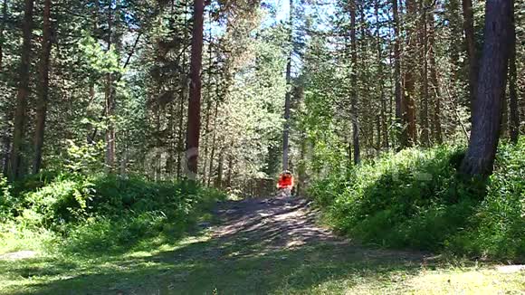 在森林里的土路上骑自行车的女孩视频的预览图