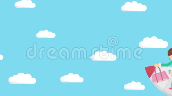 快乐的女商人乘火箭穿过蓝天创业飞跃创业理念循环动画风格视频的预览图