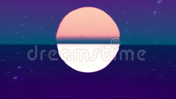 抽象的卡通海景与日落在米色和紫色动画太阳照在平静的海面上视频的预览图