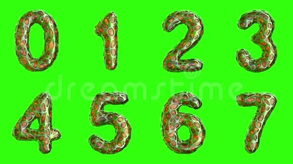 塑料字母表绿色背景上有抽象孔数字012345674公里视频的预览图