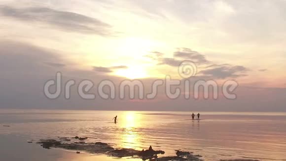 一群朋友在日落时在海里游泳遇到水弄湿并溅起水花视频的预览图