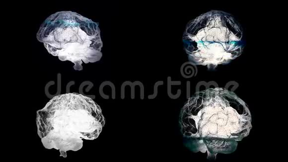 四个大脑旋转与核磁共振扫描黑色背景健康概念动画右脑和左脑视频的预览图