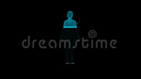 4K3D动画的用户界面HUD与妇女身体分析和DNA移动在黑暗背景下的网络未来主义概念视频的预览图