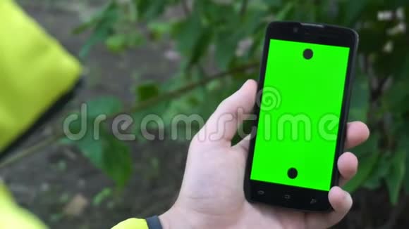 特写男性手握智能手机带有绿色屏幕预设效果视频的预览图