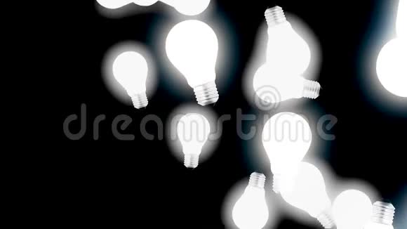 抽象闪亮的白色灯泡落下来在黑色背景上向上飞行理念动画视频的预览图