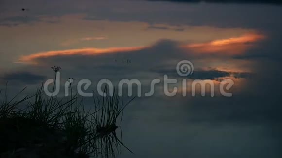 夜河落日湖倒影水中的云彩美丽的红色景观自然视频视频的预览图