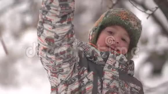 冬天的一天雪从树枝倾泻到孩子视频的预览图