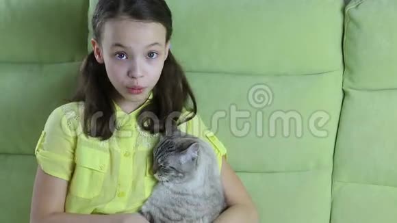 小女孩和她心爱的猫交流视频的预览图