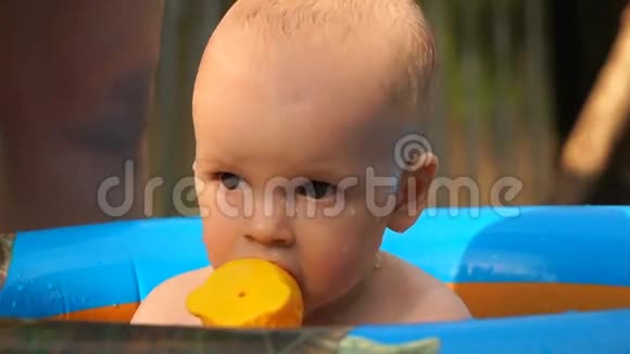 幼儿男孩在游泳池游泳玩鱼玩具视频的预览图