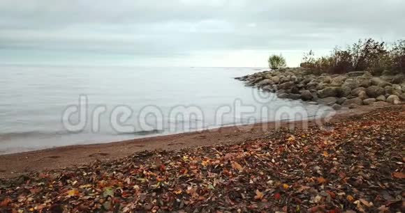 从沙滩上的无人机和芬兰湾海岸的视野在圣彼得堡的地平线上视频的预览图