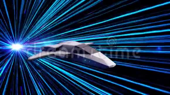 未来派隧道蓝色霓虹灯和太空船跳跃动画在灰色的时空跳跃视频的预览图