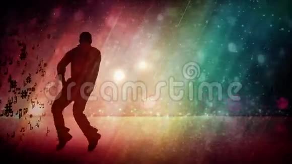 男性舞者剪影与闪光彩虹背景视频的预览图