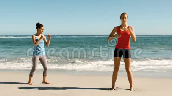 两个女人在海滩上练武术视频的预览图