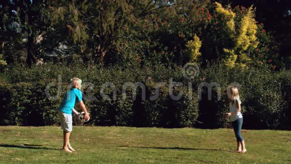 快乐的哥哥在公园里给妹妹扔足球视频的预览图