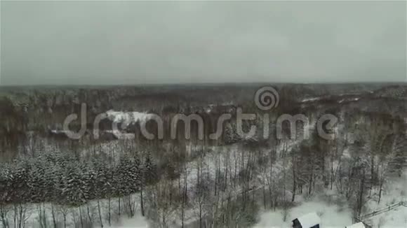 冬季森林村的鸟瞰图雪视频的预览图
