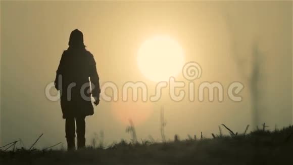 年轻女孩遇见新的一天女人跑步黎明时散步黎明的女孩在太阳的圆圈里视频的预览图