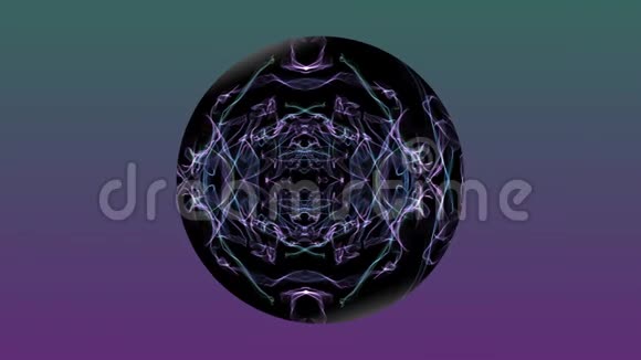 抽象的神秘动画黑色球体与分形图案缓慢旋转的背景紫色和绿色视频的预览图