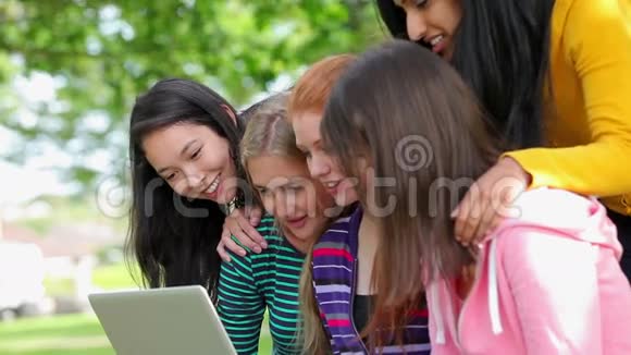 女学生一起看着外面的笔记本笑着视频的预览图