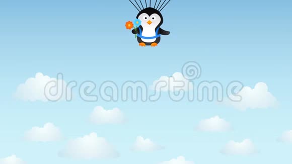 可爱的降落伞企鹅卡通生日贺卡视频的预览图