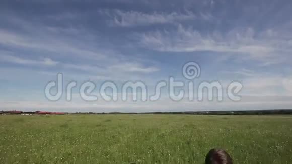 年轻女孩手牵手跑在田野里视频的预览图