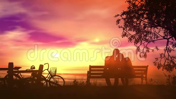 骑自行车后坐在长凳上看海洋的夫妇视频的预览图