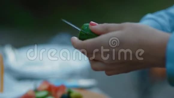 女人在野餐时切黄瓜室外视频的预览图