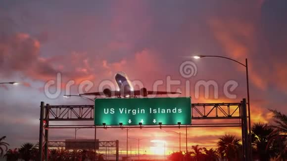 飞机在美妙的日出期间起飞美属维尔京群岛视频的预览图
