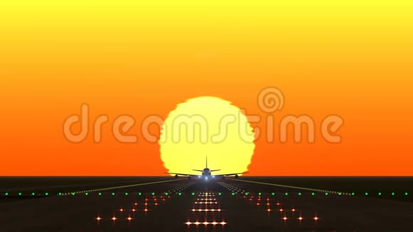 在日落或日出时从机场跑道起飞的飞机动画视频的预览图