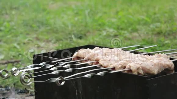 在煤块上炸肉褐变肉肉在肉串上咬肉视频的预览图