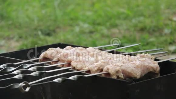 在煤块上炸肉褐变肉肉在肉串上咬肉视频的预览图
