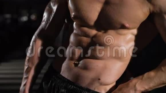 健美男子完美的腹肌肩膀二头肌三头肌和胸部视频的预览图