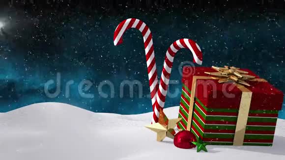 带礼品盒及问候语的降雪场面的视频构图视频的预览图