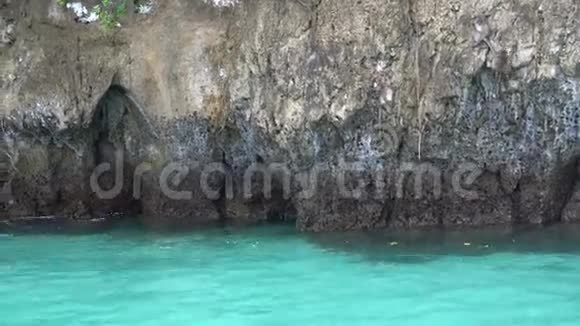 猴子在石岛上移动在清澈的绿松石海水之上视频的预览图