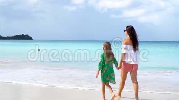 加勒比海海滩上美丽的母女家人在海滩度假流动人口视频的预览图
