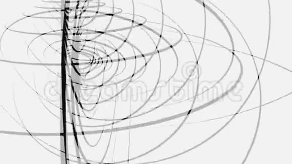 抽象黑色交织的3D圆圈框架在白色背景上旋转无缝循环动画体积环视频的预览图