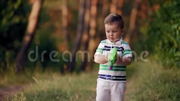 小男孩在树林里吹泡泡视频的预览图