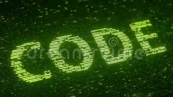 用飞行发光粒子制成的绿色CODE字与信息技术相关的可循环三维动画视频的预览图