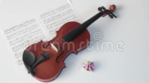 棕色小提琴与音符在白色背景旋转和盘整的镜头介绍概念视频的预览图